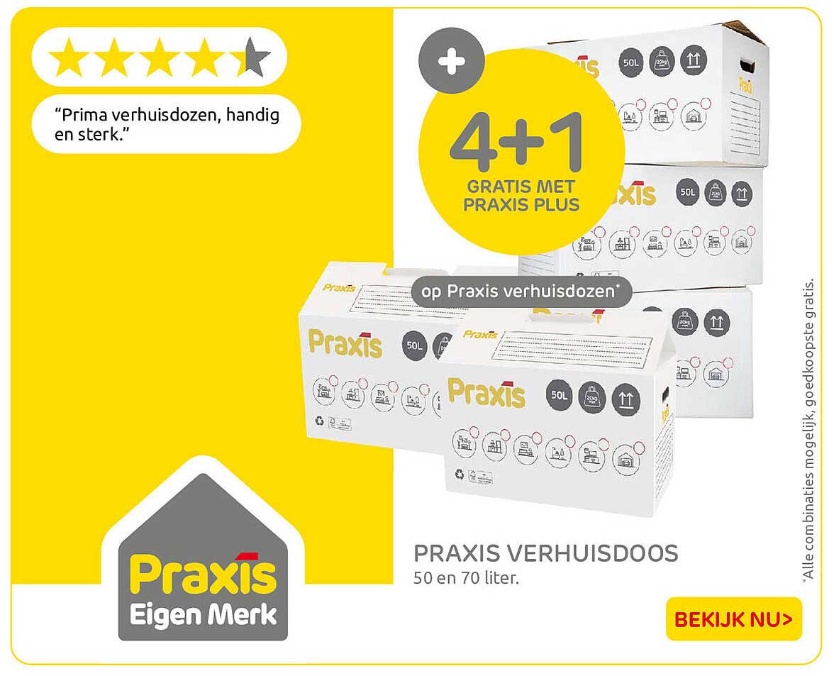 PRAXIS VERHUISDOOS 50 en 70 liter. 4+1 GRATIS MET PRAXIS PLUS