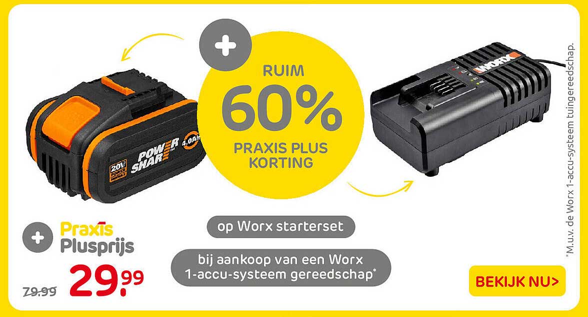 RUIM 60% PRAXIS PLUS KORTING op Worx startersset bij aankoop van een Worx 1-accu-systeem gereedschap