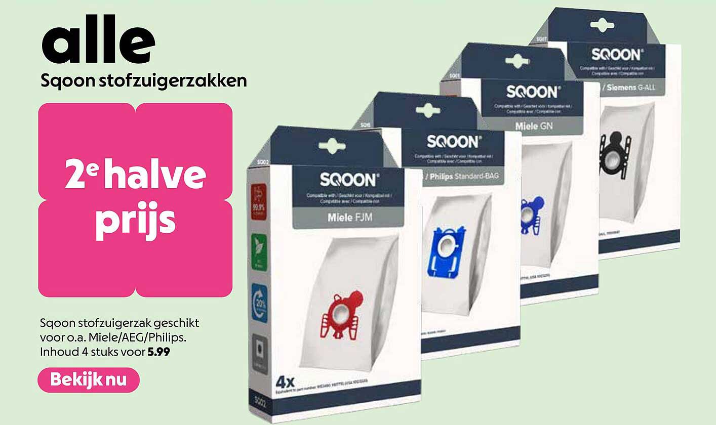Sqoon stofzuigerzakken 2e halve prijs