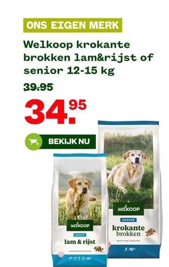 Welkoop krokante brokken lam&rijst of senior 12-15 kg