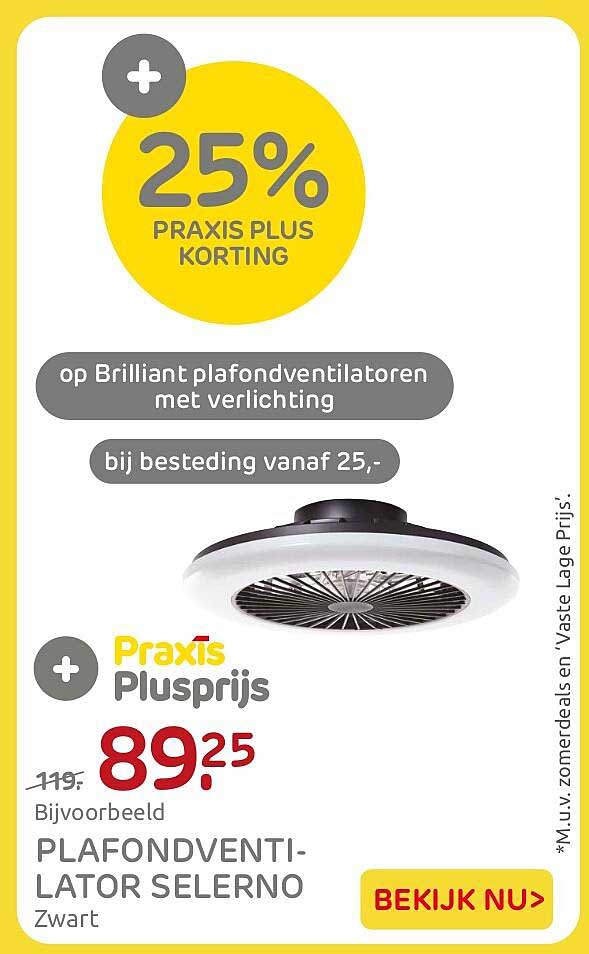 25% PRAXIS PLUS KORTING op Brilliant plafondventilatoren met verlichting bij besteding vanaf 25,-