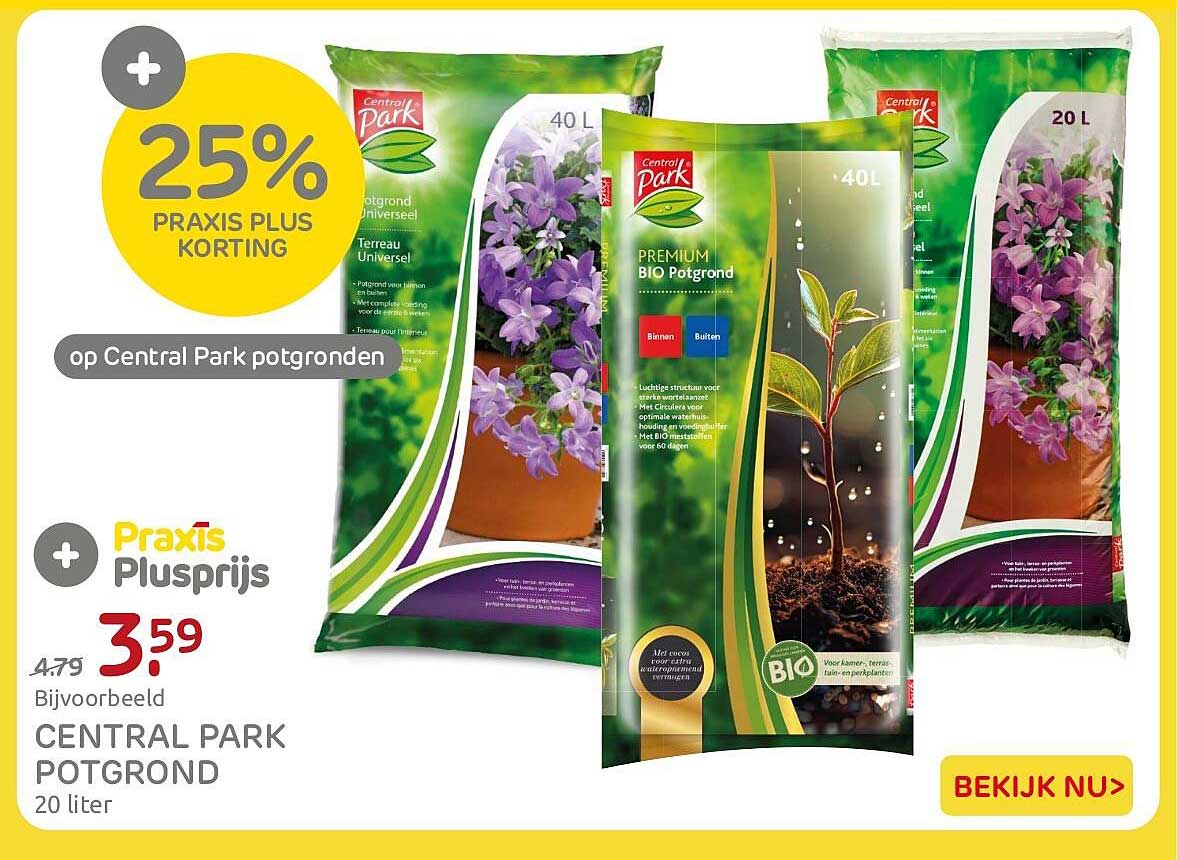 25% Praxis Plus korting op Central Park potgronden