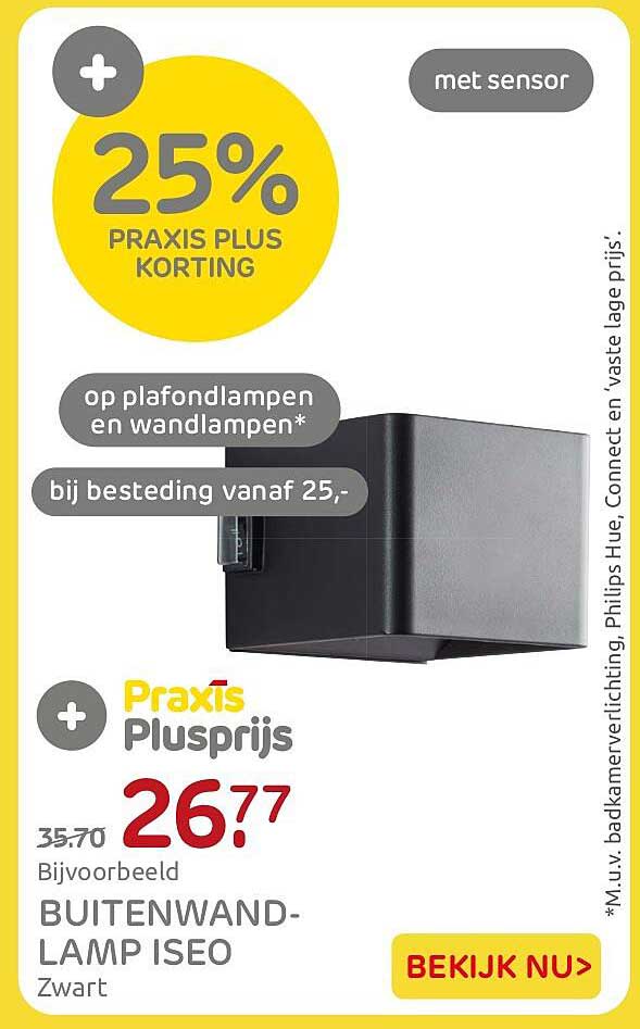 25% PRAXIS PLUS KORTING op plafondlampen en wandlampen bij besteding vanaf 25,- met sensor