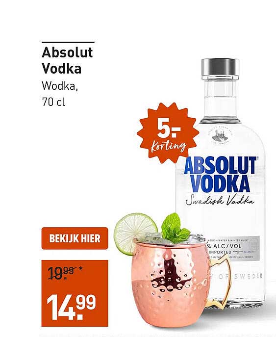 Absolut Vodka Vodka, 70 cl 5= korting