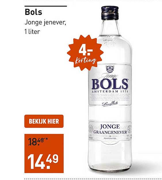 Bols Jonge jenever, 1 liter 4,- korting