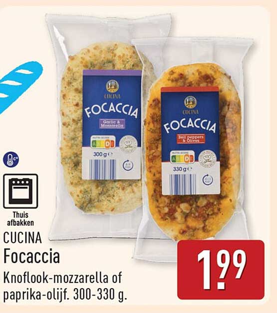 CUCINA Focaccia Knoflook-mozzarella of paprika-olijf, 300-330 g