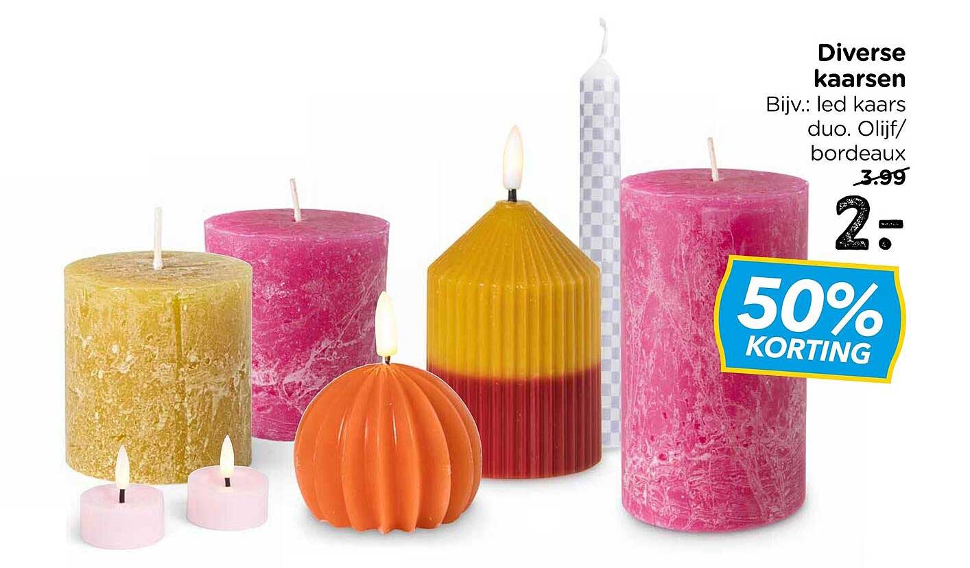 Diverse kaarsen Bijv.: led kaars duo. Olijf/bordeaux 50% KORTING