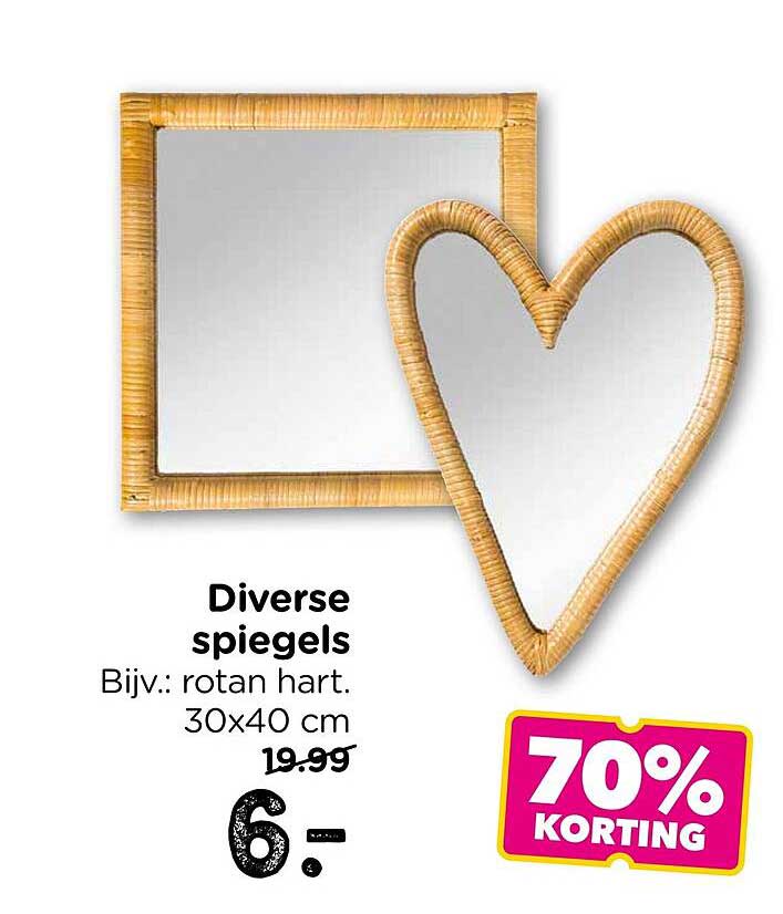 Diverse spiegels Bijv.: rotan hart. 30x40 cm 70% korting