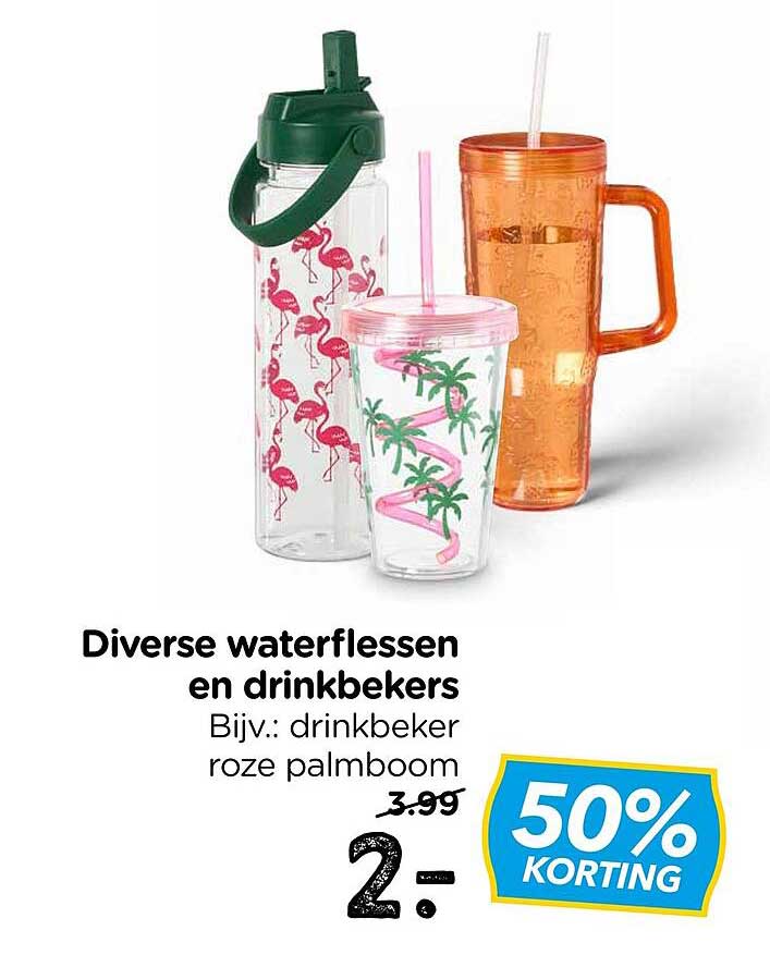 Diverse waterflessen en drinkbekers Bijv.: drinkbeker roze palmboom 50% KORTING
