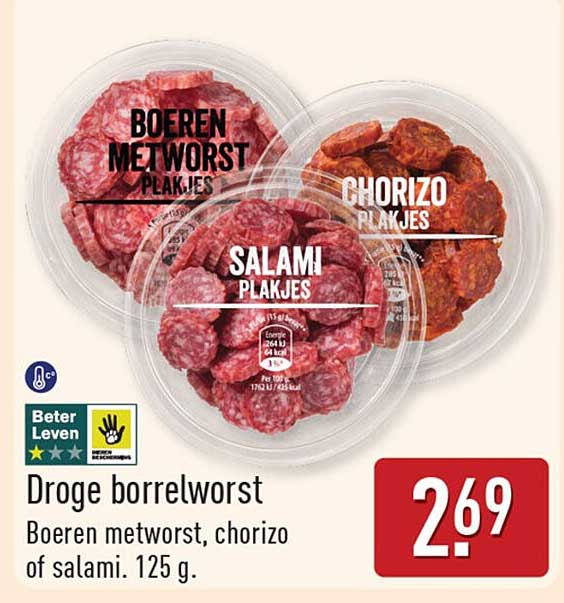 Droge borrelworst Boeren metworst, chorizo of salami, 125 g.