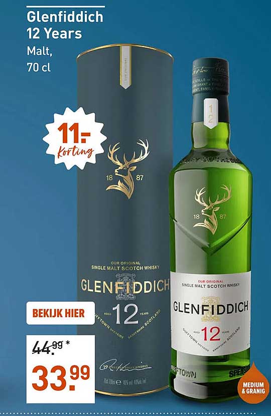 Glenfiddich 12 Years Malt, 70 cl 11,- korting