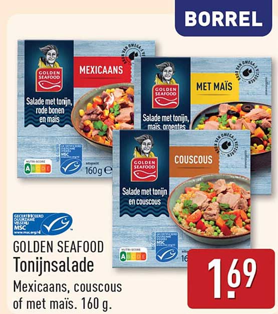 GOLDEN SEAFOOD Tonijnsalade Mexicaans, couscous of met maïs. 160 g.