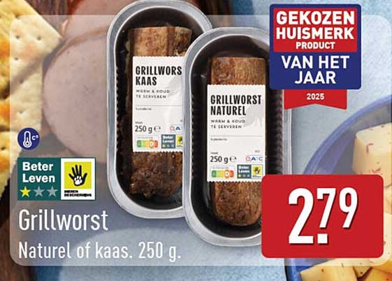 Grillworst Naturel of kaas. 250 g.
