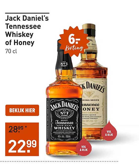 Jack Daniel's Tennessee Whiskey of Honey 70 cl 6,- korting