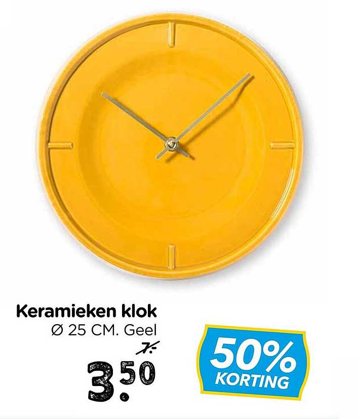 Keramieken klok Ø 25 CM. Geel 50% KORTING