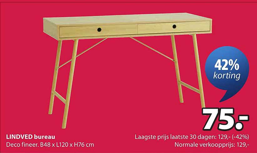 LINDVED bureau Deco fineer. B48 x L120 x H76 cm
