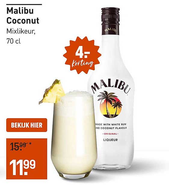Malibu Coconut Mixlikeur, 70 cl 4,- Korting