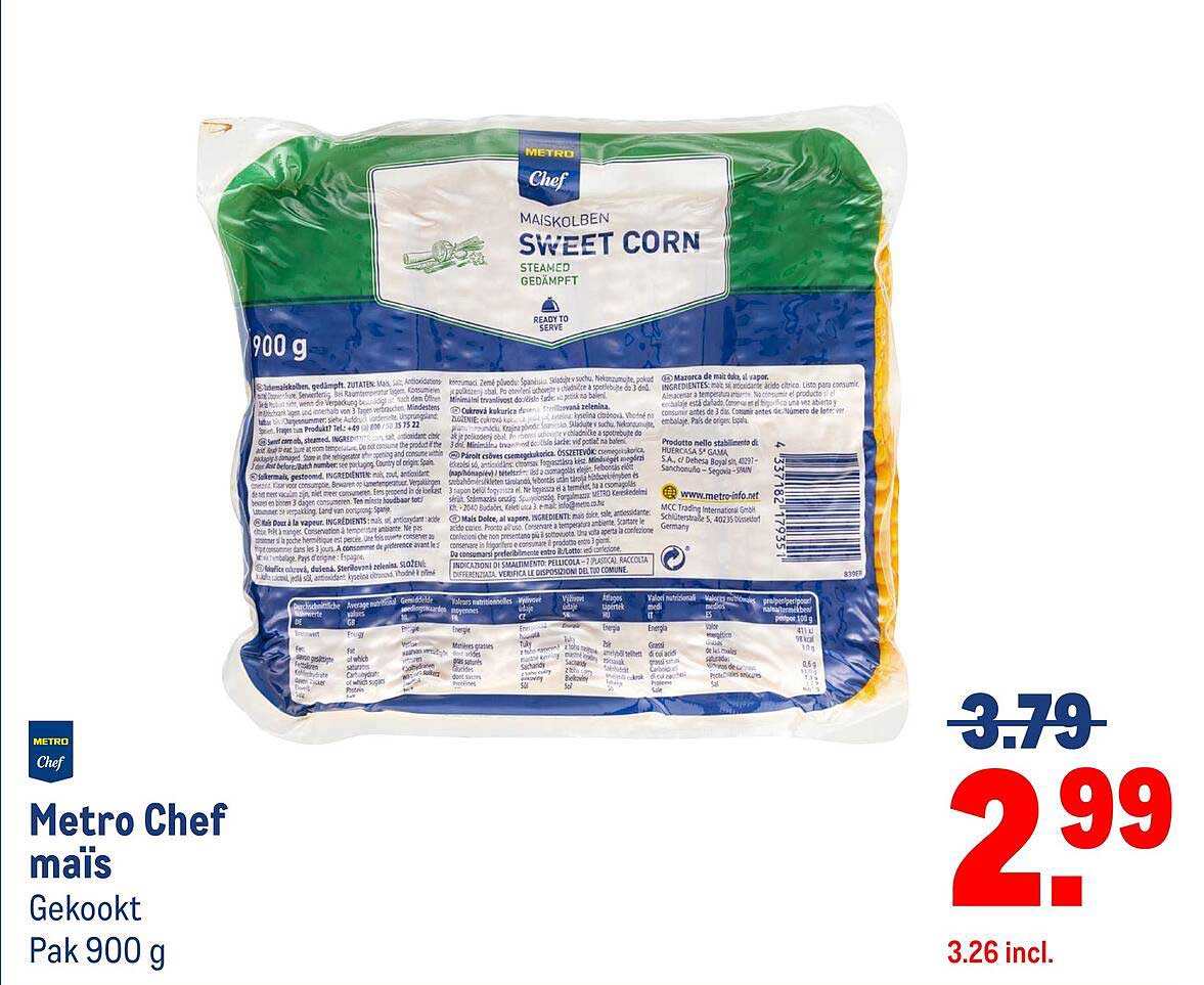 Metro Chef mais Gekookt Pak 900 g