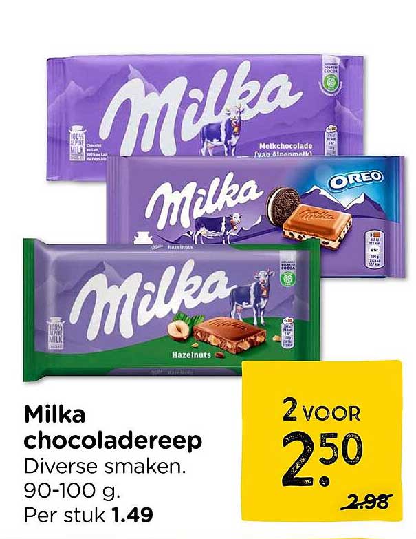 Milka chocoladereep Diverse smaken. 90-100 g. 2 voor 2.50