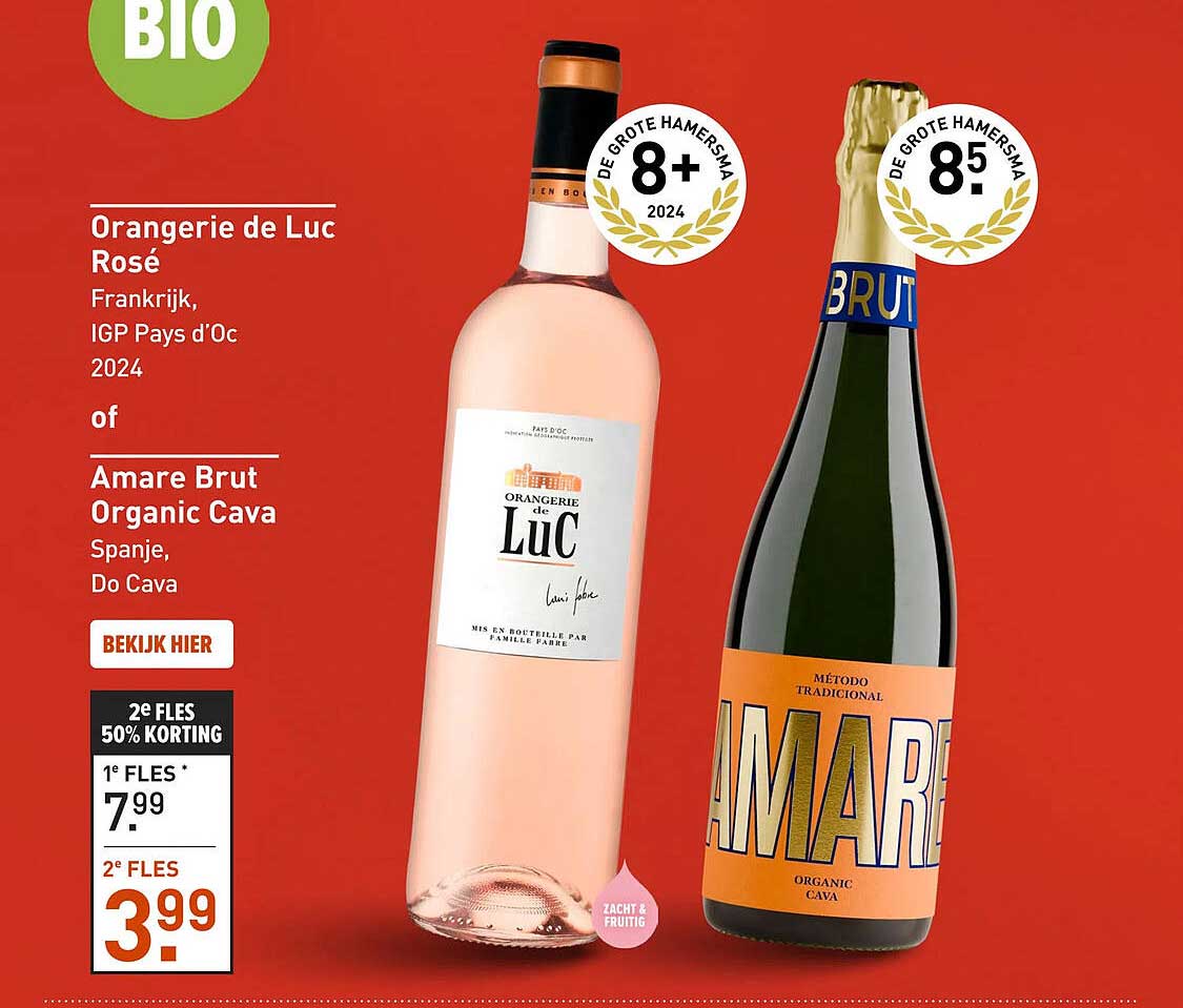 Orangerie de Luc Rosé Frankrijk, IGP Pays d’Oc 2024 of Amare Brut Organic Cava Spanje, Do Cava 2e fles 50% korting