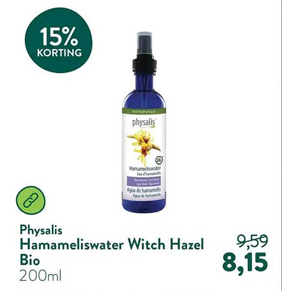 Physalis Hamameliswater Witch Hazel Bio 200ml 15% korting