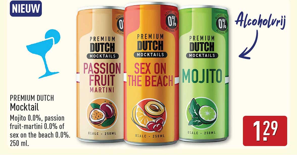 PREMIUM DUTCH Mocktail Mojito 0.0%, passion fruit-martini 0.0% of sex on the beach 0.0%, 250 ml