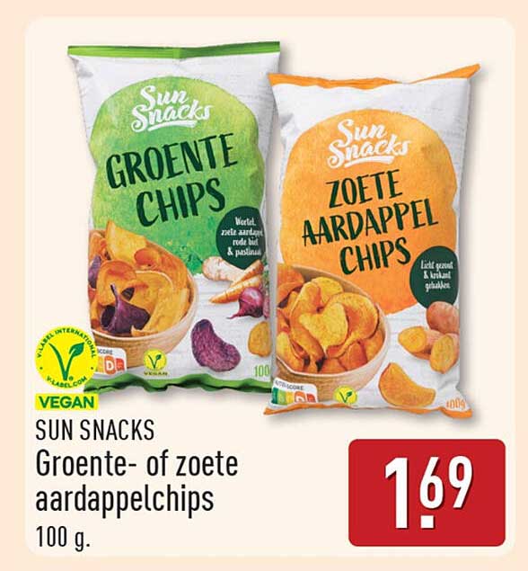 SUN SNACKS Groente- of zoete aardappelchips 100 g