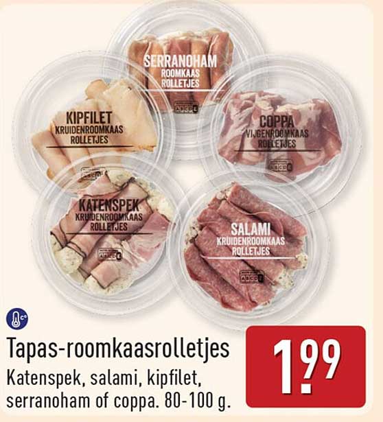 Tapas-roomkaasrolletjes Katenspek, salami, kipfilet, serranoham of coppa. 80-100 g.