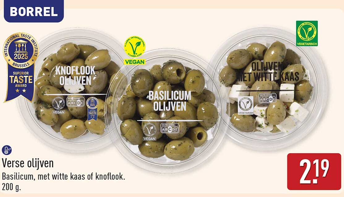 Verse olijven Basilicum, met witte kaas of knoflook. 200 g.