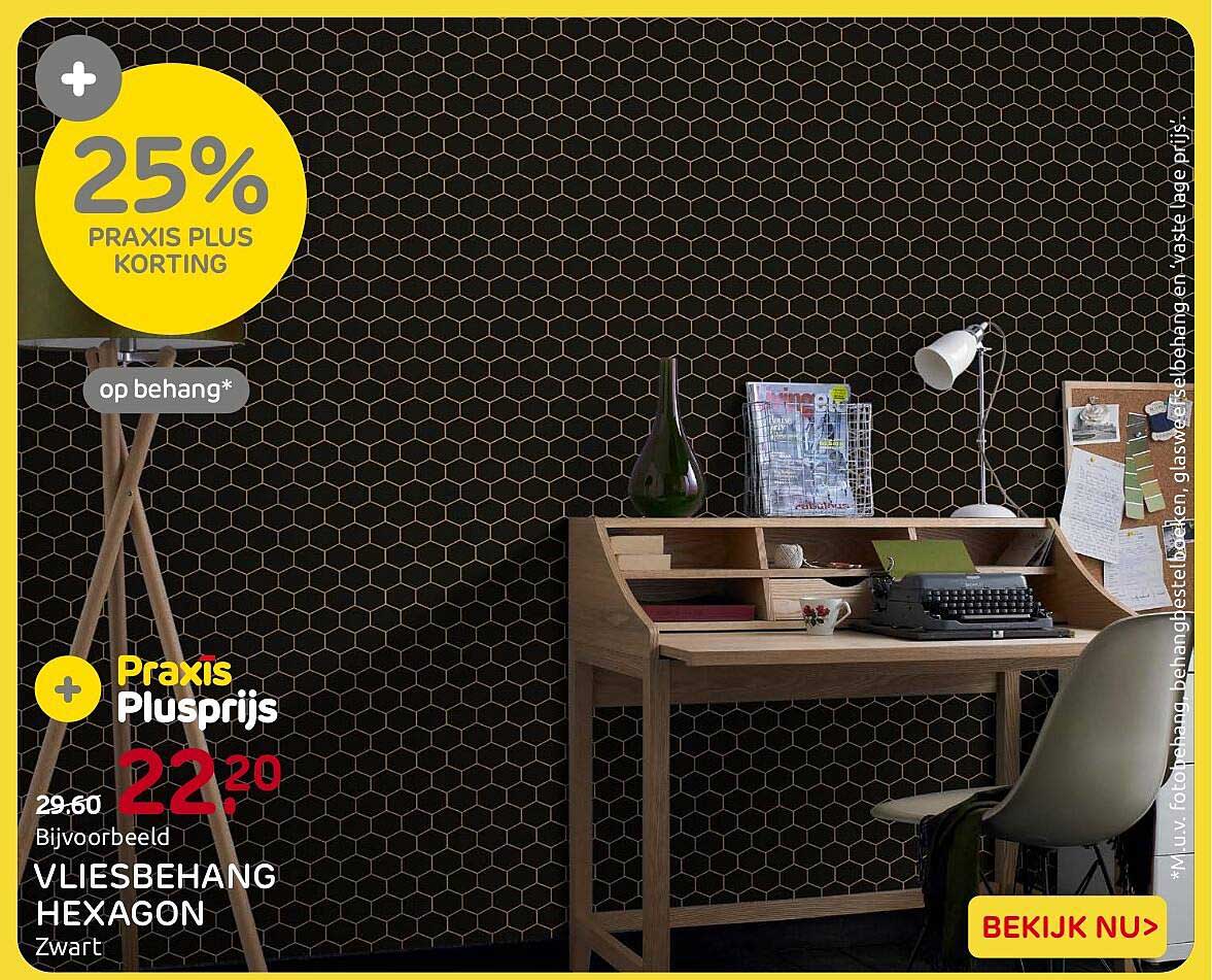 Vliesbehang Hexagon zwart 25% Praxis Plus korting op behang*