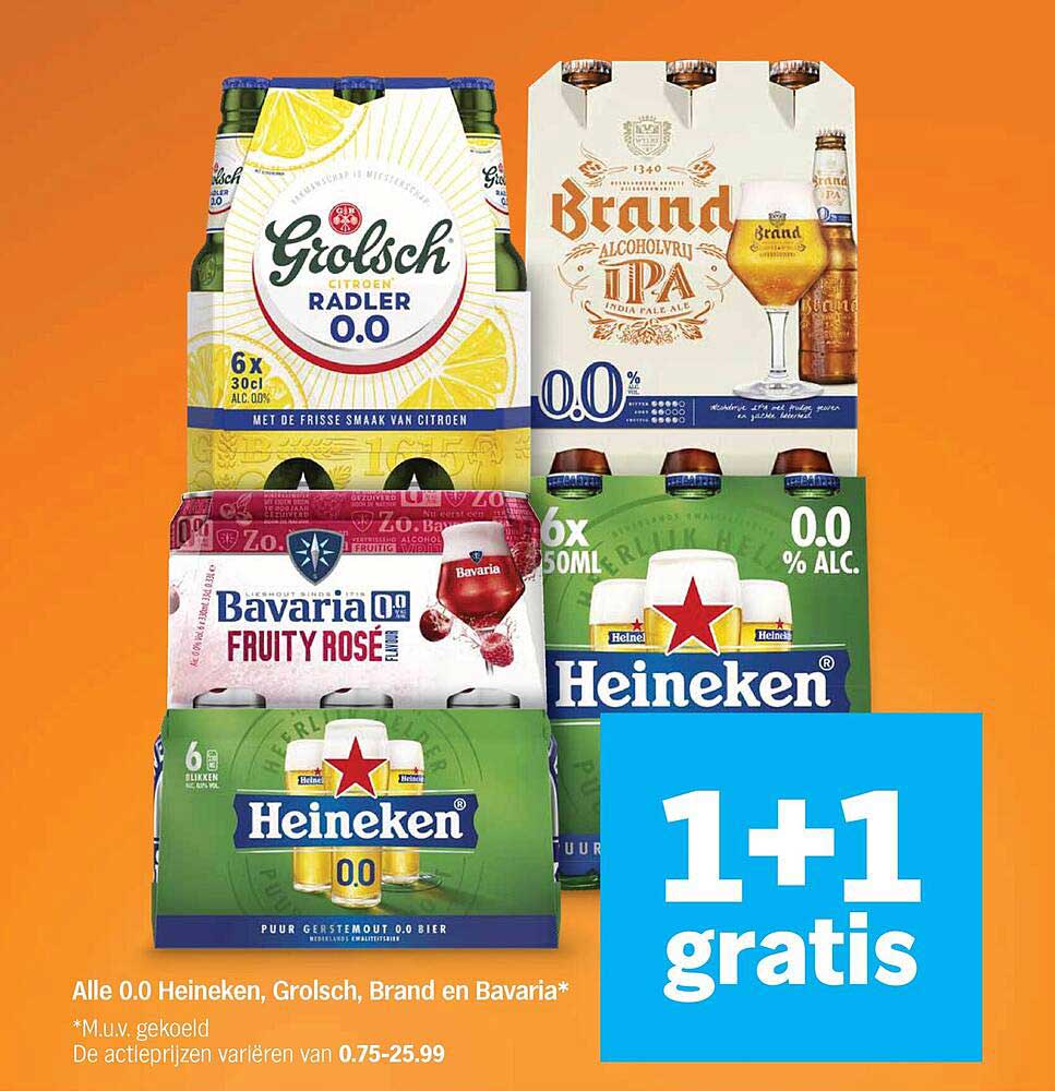 Alle 0.0 Heineken, Grolsch, Brand en Bavaria* 1+1 gratis