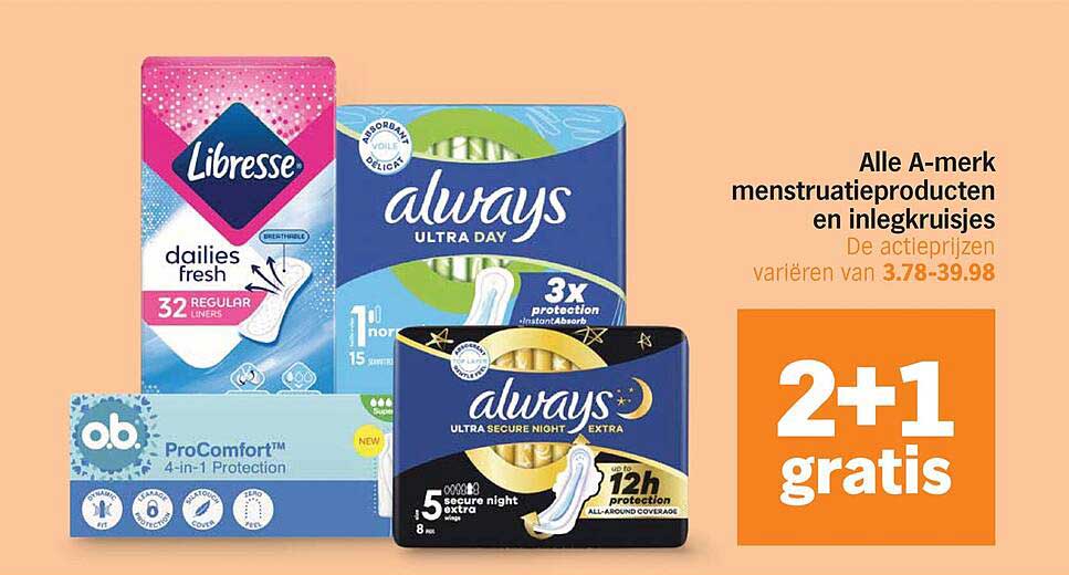Alle A-merk menstruatieproducten en inlegkruisjes 2+1 gratis