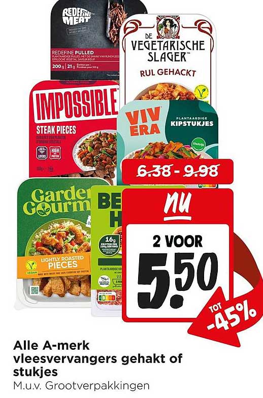 Alle A-merk vleesvervangers gehakt of stukjes M.u.v. Grootverpakkingen 2 voor 5.50 tot -45%