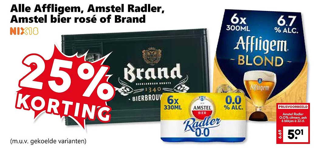 Alle Affligem, Amstel Radler, Amstel bier rosé of Brand 25% korting
