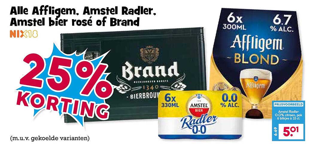 Alle Affligem, Amstel Radler, Amstel bier rosé of Brand 25% korting