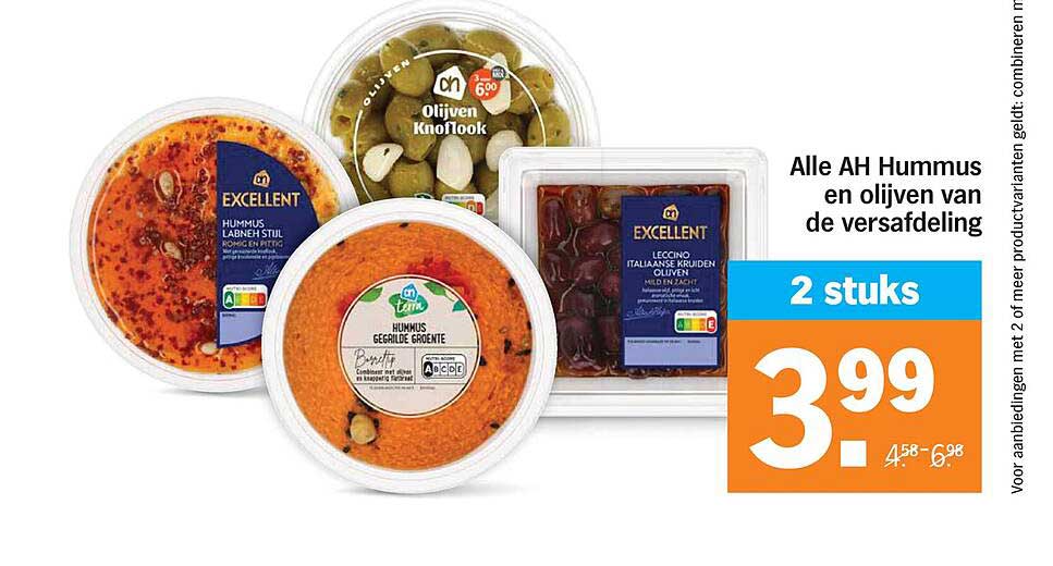 Alle AH Hummus en olijven van de versafdeling 2 stuks
