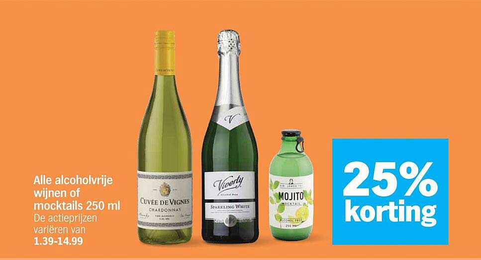 Alle alcoholvrije wijnen of mocktails 250 ml 25% korting