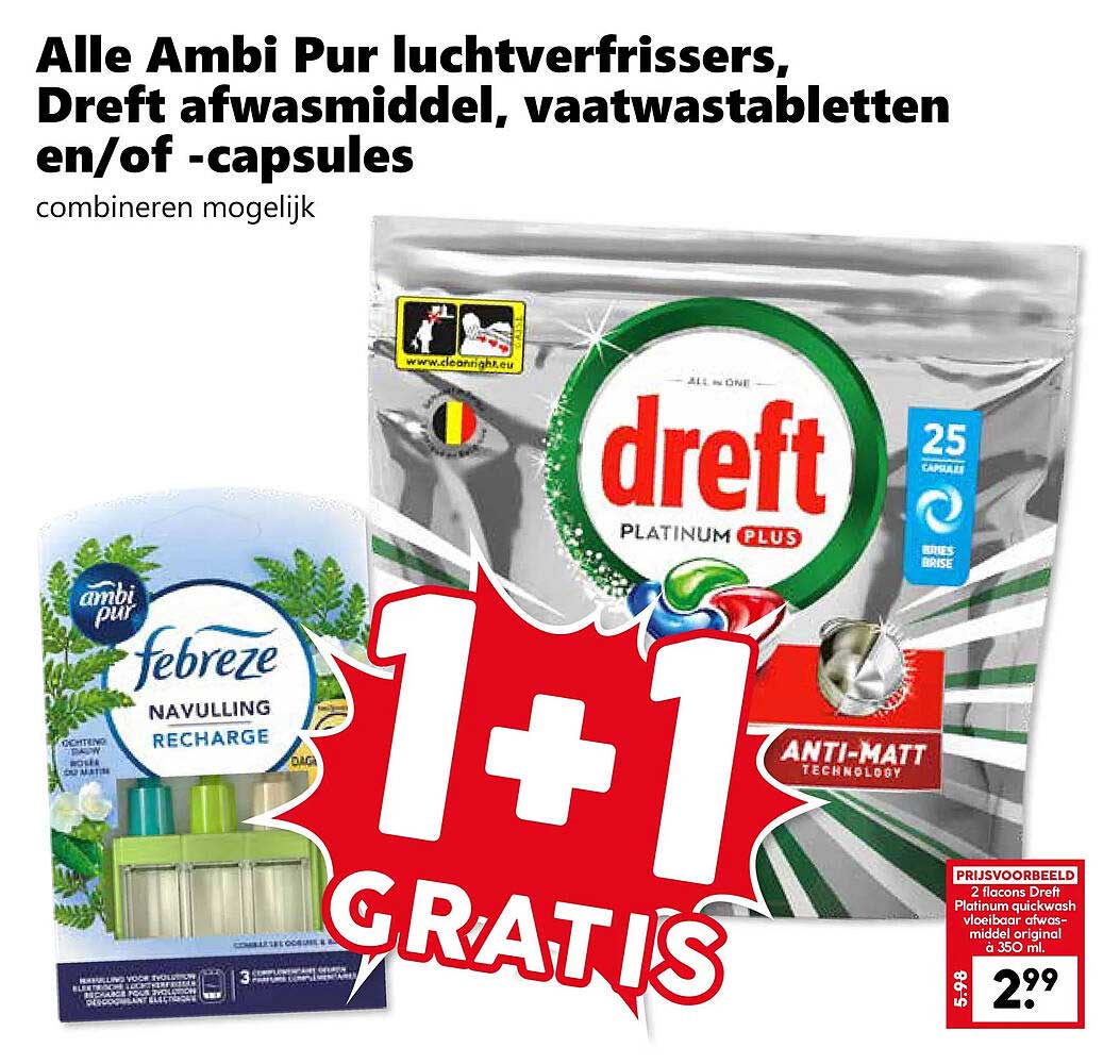 Alle Ambi Pur luchtverfrissers, Dreft afwasmiddel, vaatwastabletten en/of -capsules combineren mogelijk 1+1 gratis