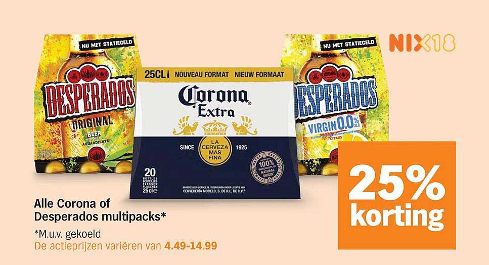 Alle Corona of Desperados multipacks* 25% korting