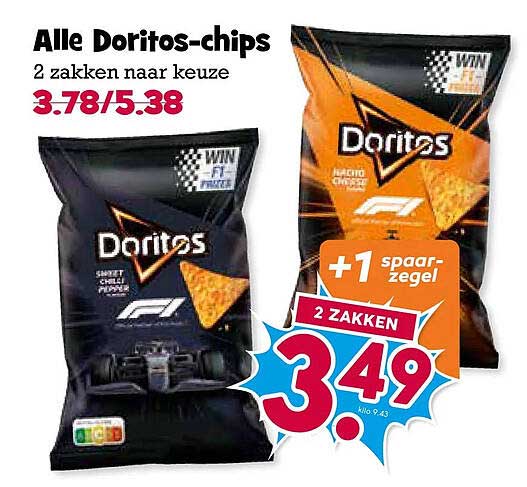 Alle Doritos-chips 2 zakken naar keuze +1 spaarzegel
