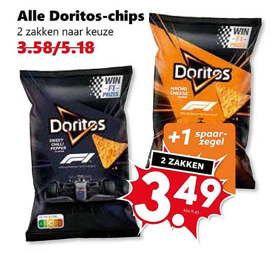 Alle Doritos-chips 2 zakken naar keuze +1 spaarzegel