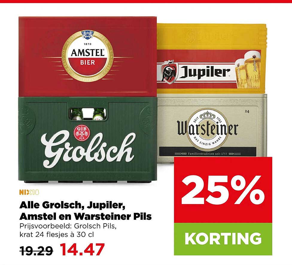 Alle Grolsch, Jupiler, Amstel en Warsteiner Pils 25% KORTING
