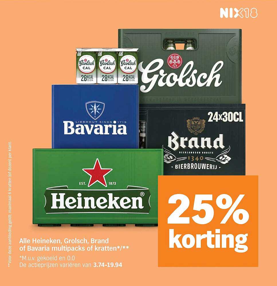 Alle Heineken, Grolsch, Brand of Bavaria multipacks of kratten 25% korting
