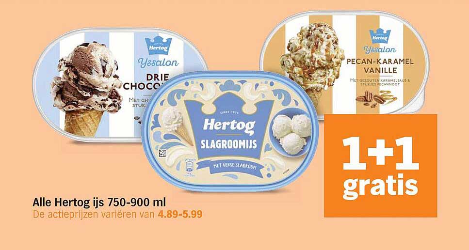 Alle Hertog ijs 750-900 ml 1+1 gratis
