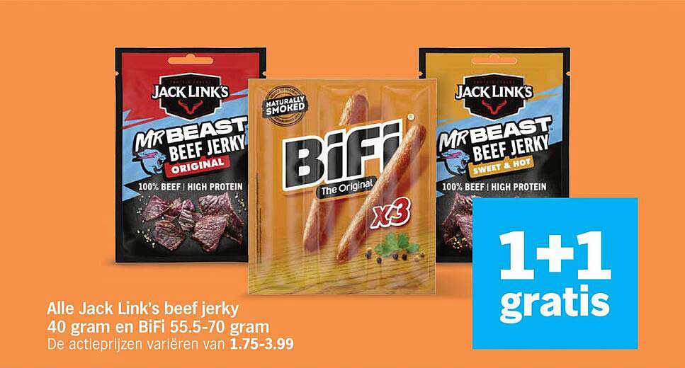 Alle Jack Link’s beef jerky 40 gram en BiFi 55.5-70 gram 1+1 gratis