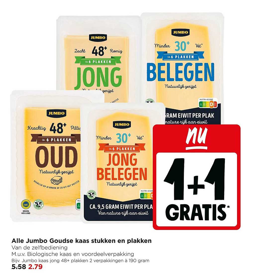 Alle Jumbo Goudse kaas stukken en plakken 1+1 gratis