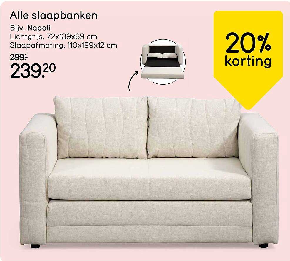Alle slaapbanken - Bijv. Napoli Lichtgrijs, 72x139x69 cm Slaapafmeting: 110x199x12 cm 20% korting