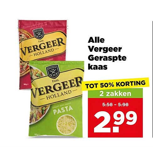 Alle Vergeer Geraspte kaas TOT 50% KORTING 2 zakken
