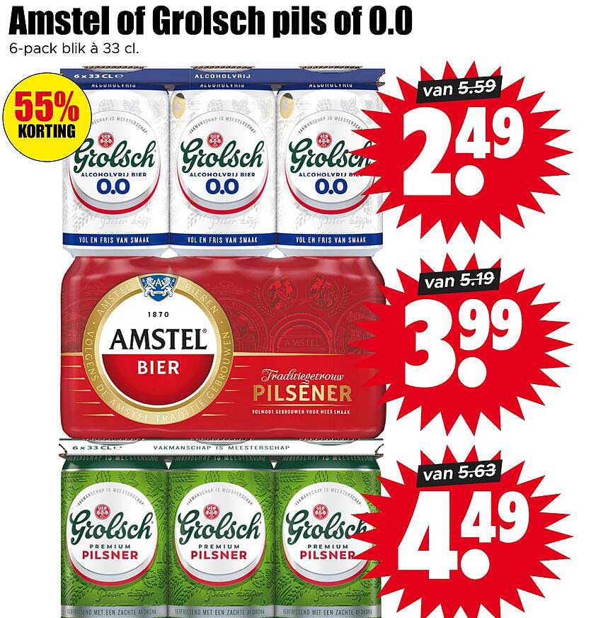 Amstel of Grolsch pils of 0.0 6-pack blik à 33 cl.