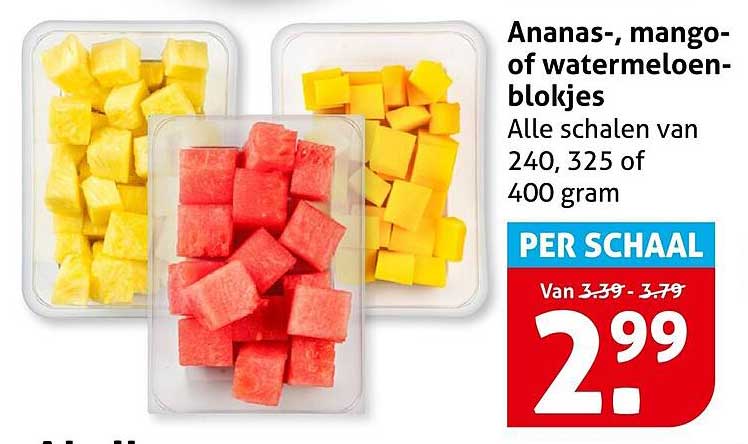 Ananas-, mango- of watermeloenblokjes